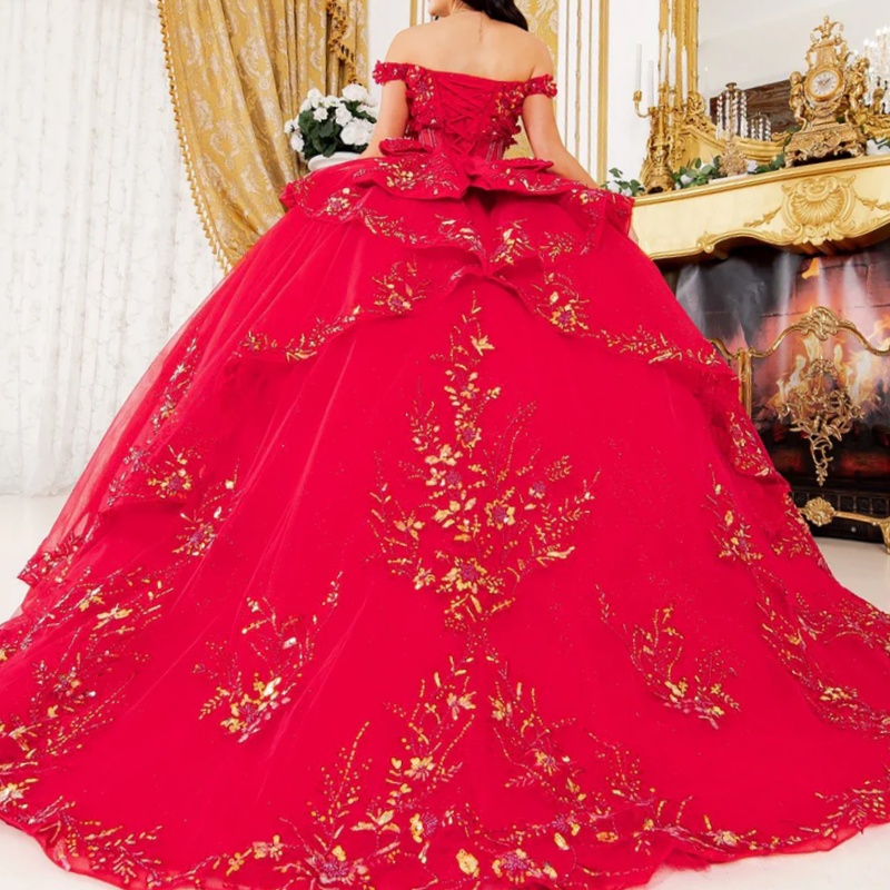 Red Shiny Princess Quinceanera Dresses Off Shoulder Beads Sequin Applique Lace Tull Corset Sweet 16 Dress Ball Gown Vestidos 15 Anos