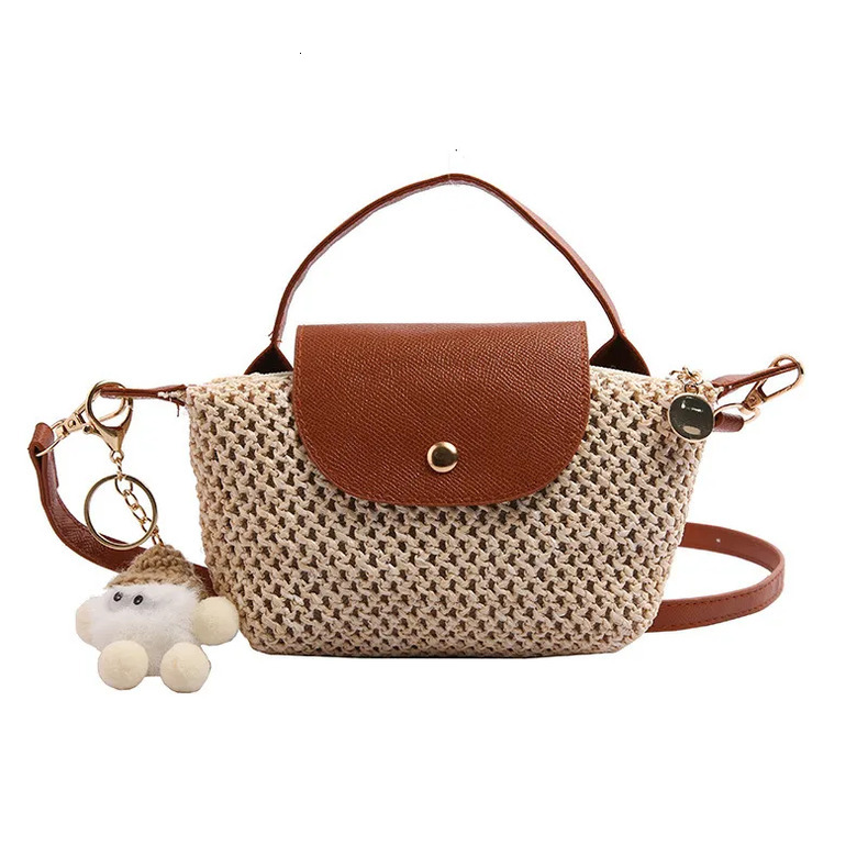 Luxury Brand Designer 2025 Summer New Ins-Style Niche Spliced Woven Bag, Pom-Pom Decor Beach Vacation Mini Handheld Straw Dumpling Women's Bag