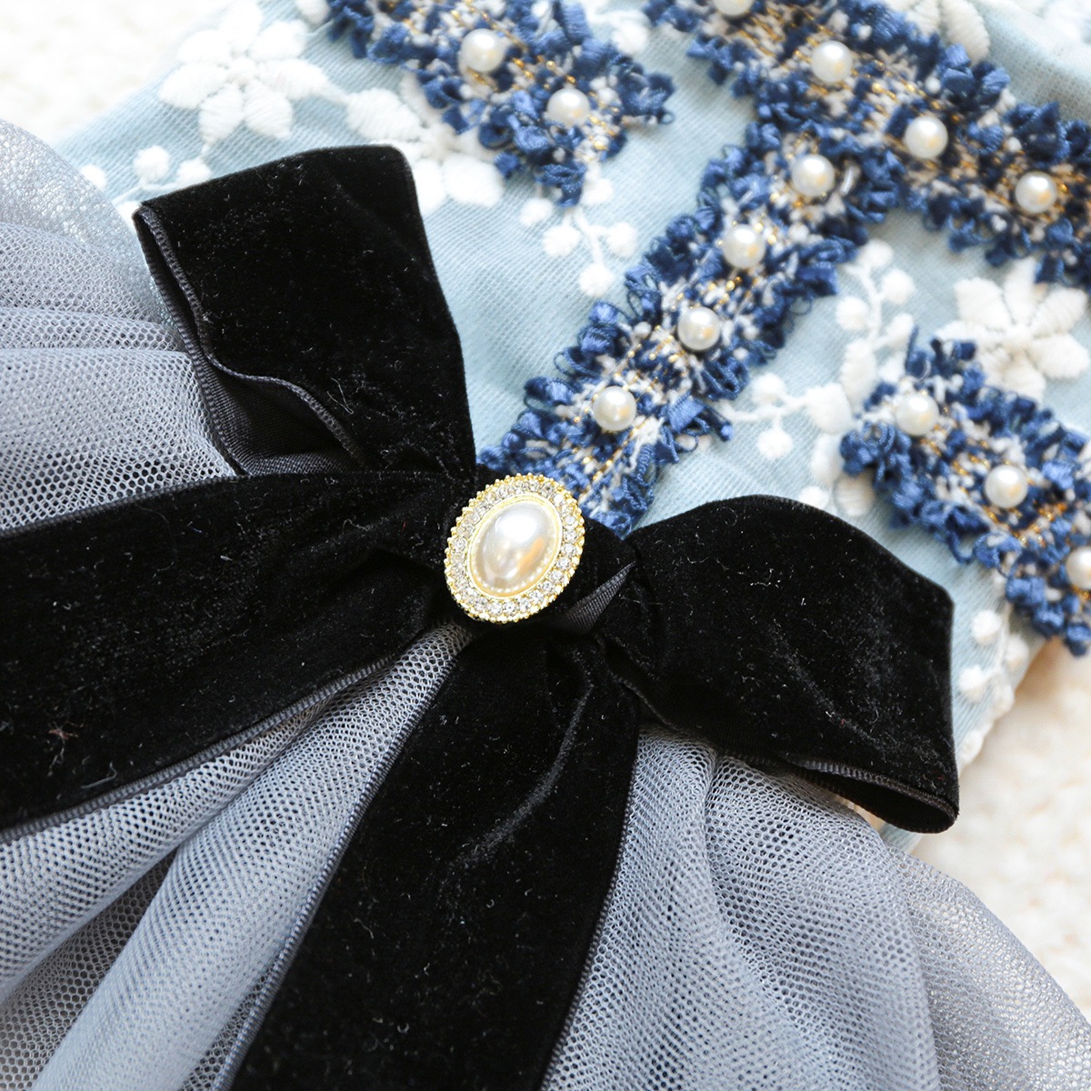 Fancy Dog Dress , Embroidered Dog Wedding Dress, Bow Puppy Clothes for Small pet Girl Multi-Layer Lace Cat Outfit blue