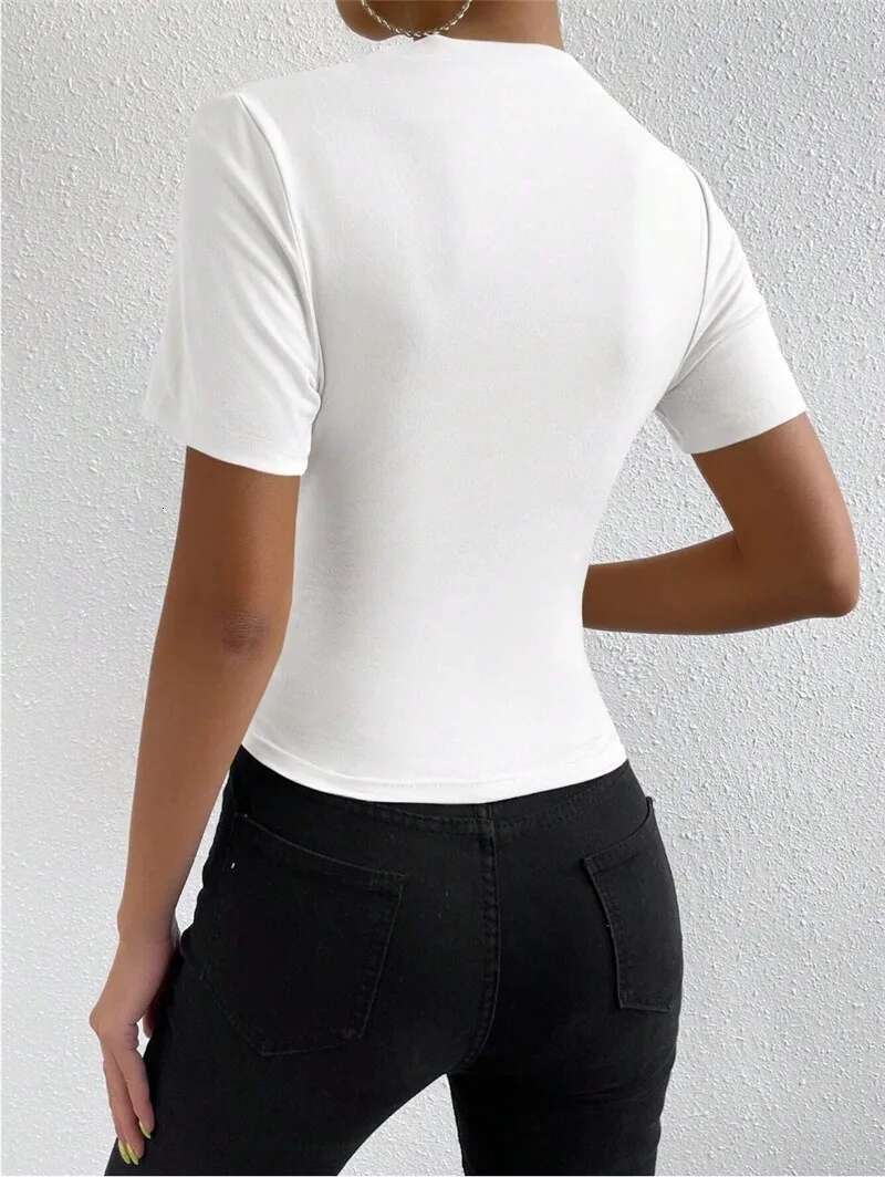 Solid High Neck Slim Fit T-shirt, Elegant Short Sleeve Ruched Top For Spring & Summer, Women's Clothing