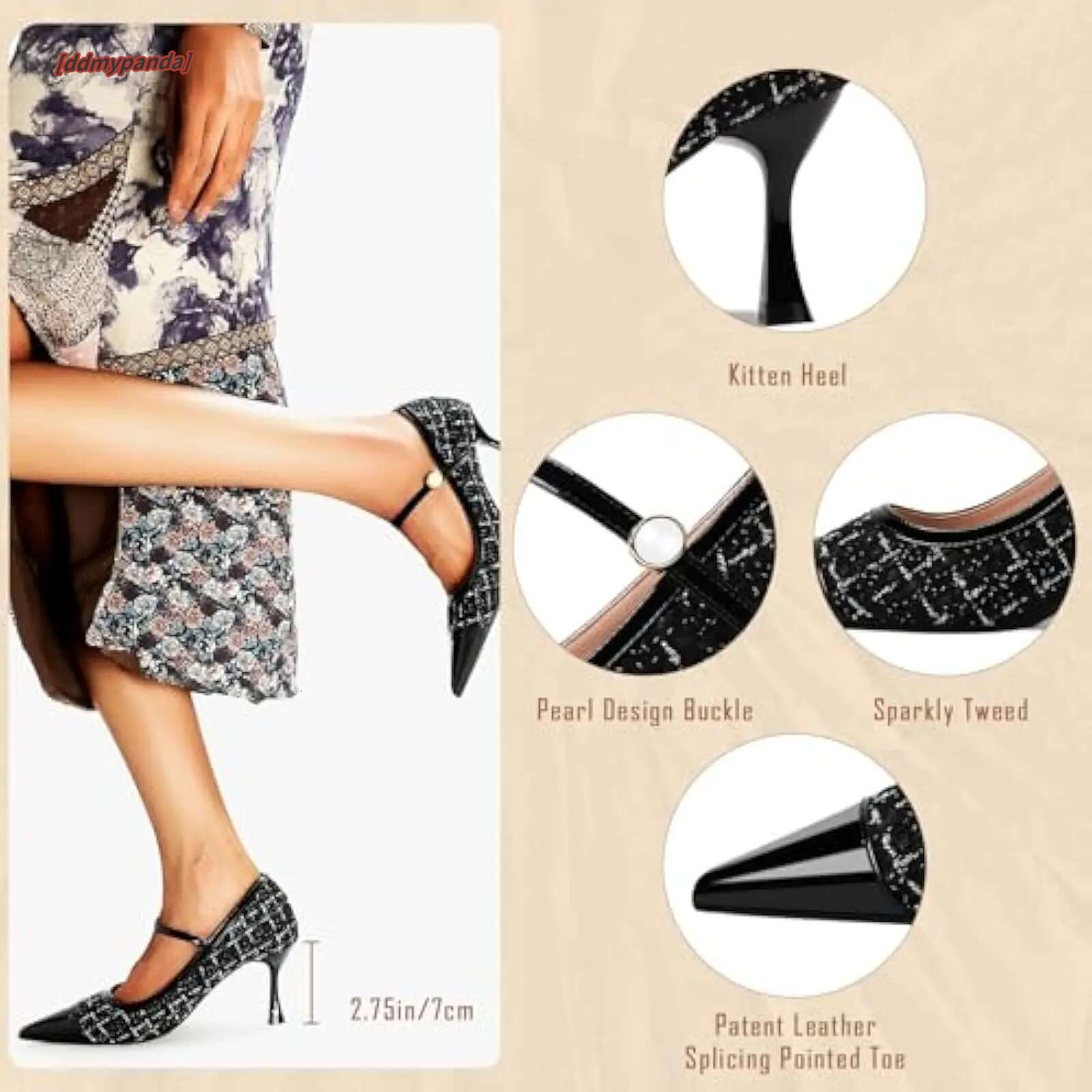 Elegant Women's Kitten Heels: Mary Jane Pumps with Pearl Buckle, Glitter Strap, and Patent Pointed Toe Suitable for Formal Eve ddmypanda