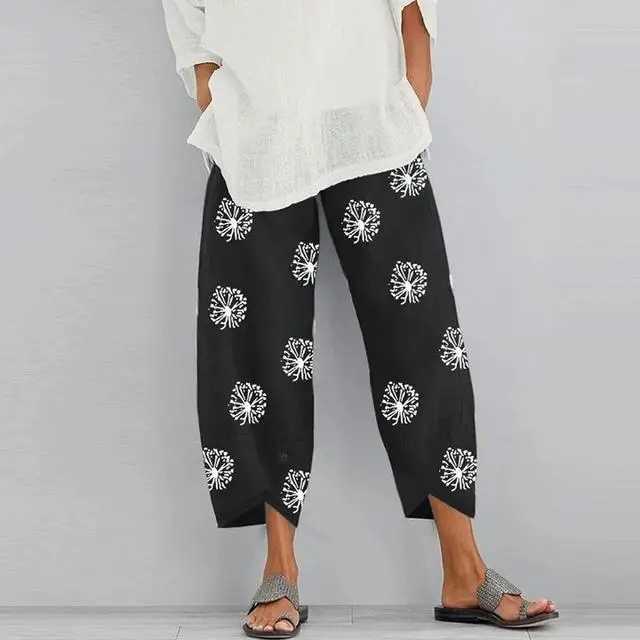 Womens harem pants retro cotton linen elastic waist wide leg Trouser Fe casual solid pocket loose cut pantsXJ250403