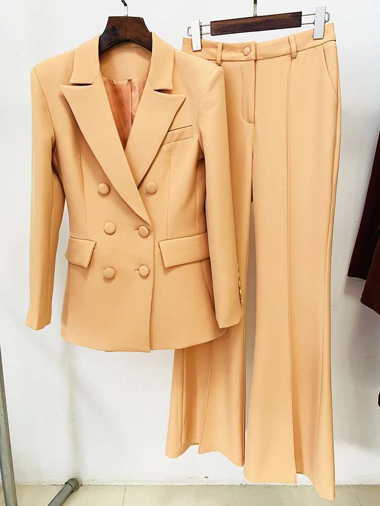 Newest Designer Set Women's Career Fashion Double Breasted Blazer Flare Pants Suit 2Pcs