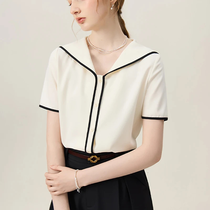 Summer Fashion Short Sleeve Sailor Neck Womens Shirt Solid Casual Top Camisas De Mujer Blusas N489 250409