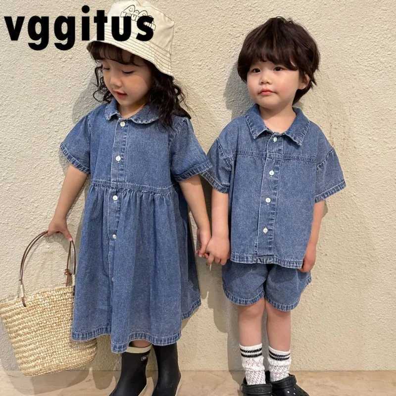 Siblings Matching Outfits Childrens Summer Denim Boys Shirt Set Girls/Short Sleeve Denim Dress S2548