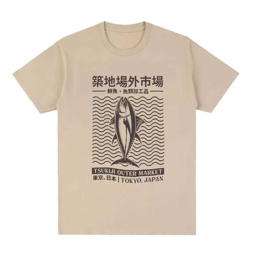 Japanese Fish Building Market Funny Meme T-shirt Mens Retro Harajuku Fashion T-shirt Summer 100% Cotton Oversized T-shirtXJ250409
