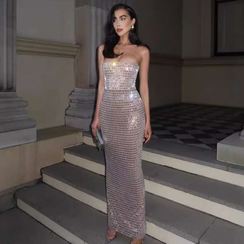 Hot-Selling Fashion Rhinestone Women's Strapless Sexy Solid Color Party Evening Bodycon Night club dress SEXY DRESSES FOR WOMEN