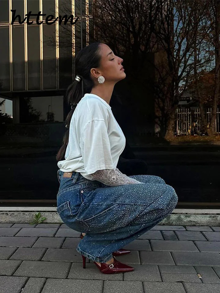 Fashion Womens Rhinestone Jeans Casual High Wait Wide Leg Pockets Denim Pants 2025 Spring Lady Y2k Street Baggy Trousers 250408