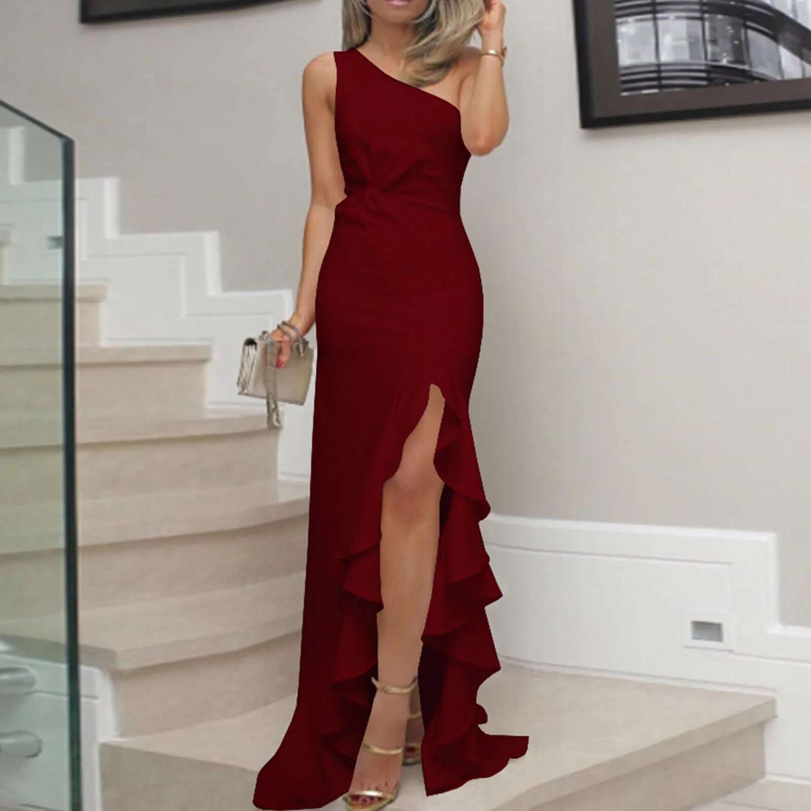 Dongdumaoyi Women Maxi Dresses Sexy Slash Shoulder Ruffle High Split Long Dress Wedding Evening Party Club Prom Robe Vestidos