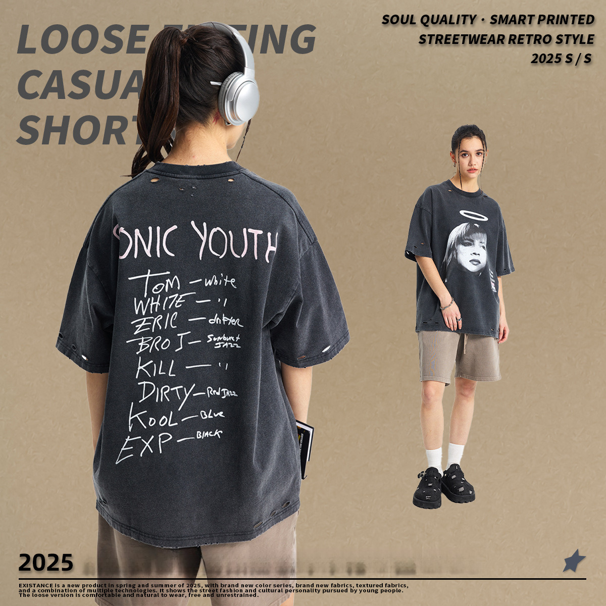 2025 Summer New Product Washing Destruction Direct Spray Printed Short Sleeve Street Dark Leisure Loose T-shirt Men