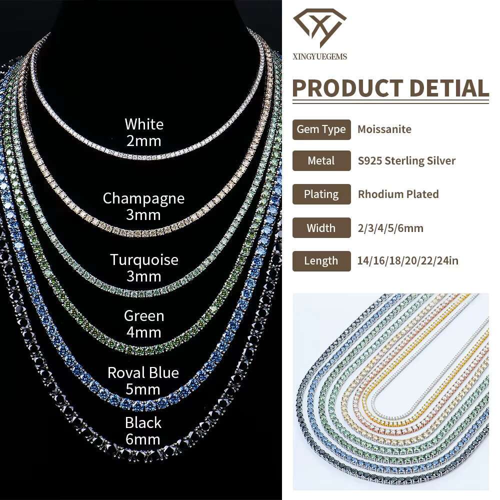 Wholesale Colored Hip Hop Jewelry Jewellery Silver S925 Ice Gra Vvs Mossanite Moissanite Diamond Tennis Necklaces Chain for Men