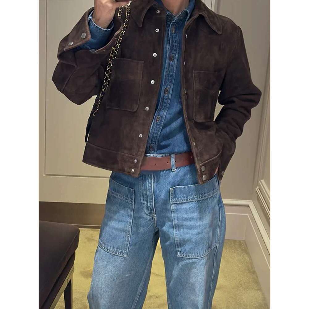 Designer clothing Vintage Brown Suede Women's Jackets Turn Down Collar Long Sleeve Single Breasted Female Pockets Coats 2025 Spring Ladies Outwea