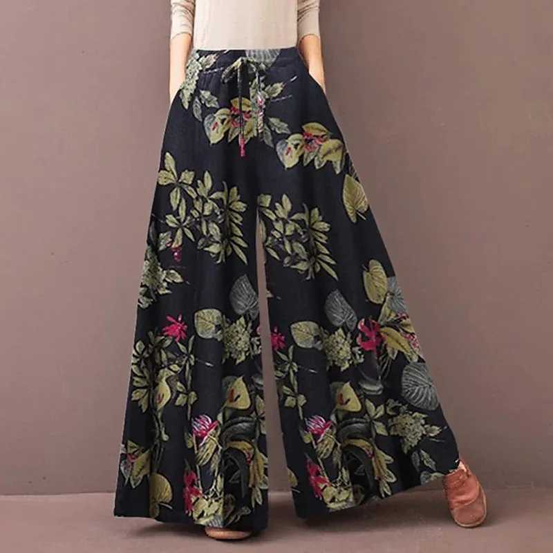 Womens floral printed wide leg pants for spring and autumn fashion Drstring Bohemian Trouser womens casual loose elastic waist pantsXJ250403