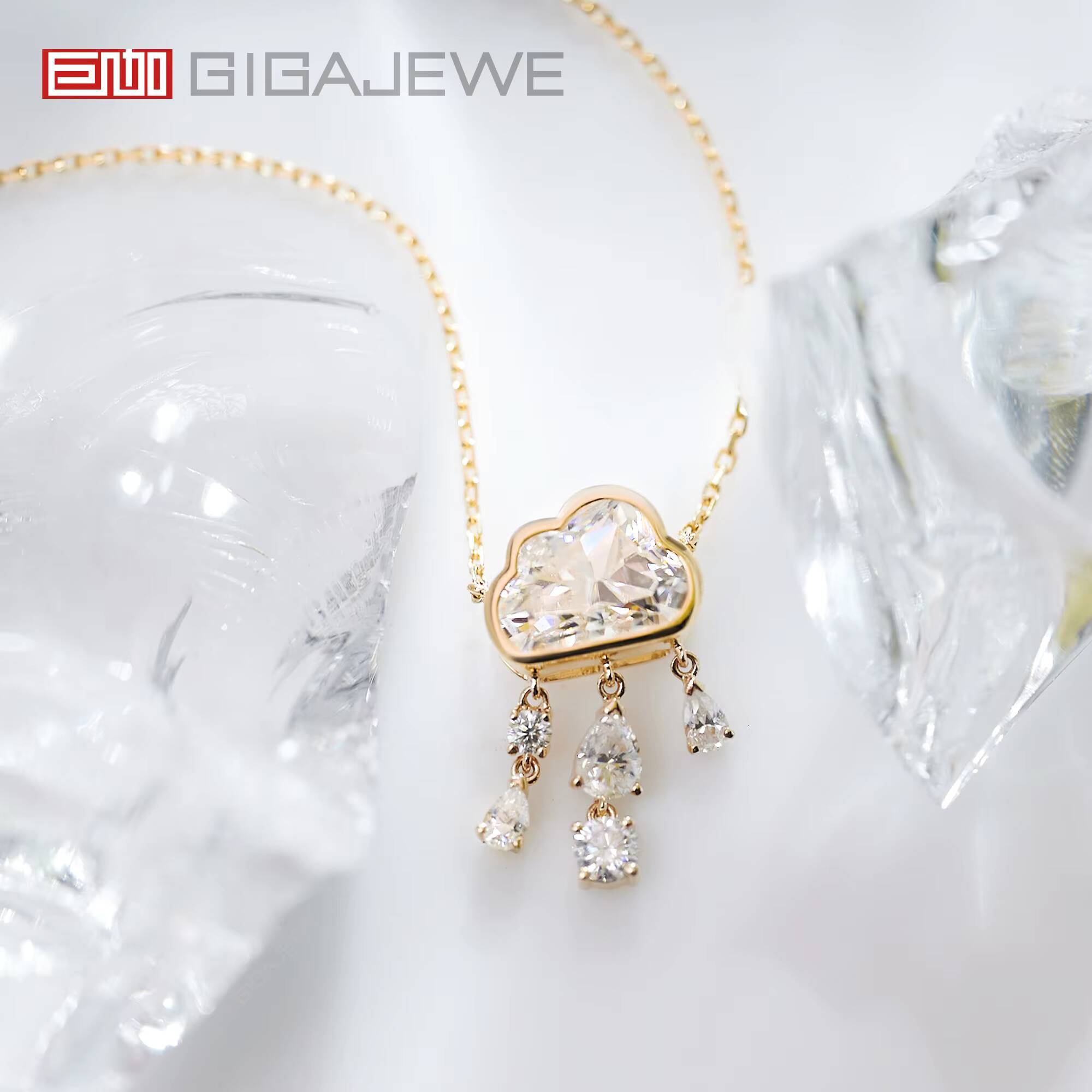 GIGAJEWE 9K/14K/18K Yellow Solid Gold 79 MM 2ct Round Cut White D Moissanite Elegant Necklace Rain Cloud Necklace Gift