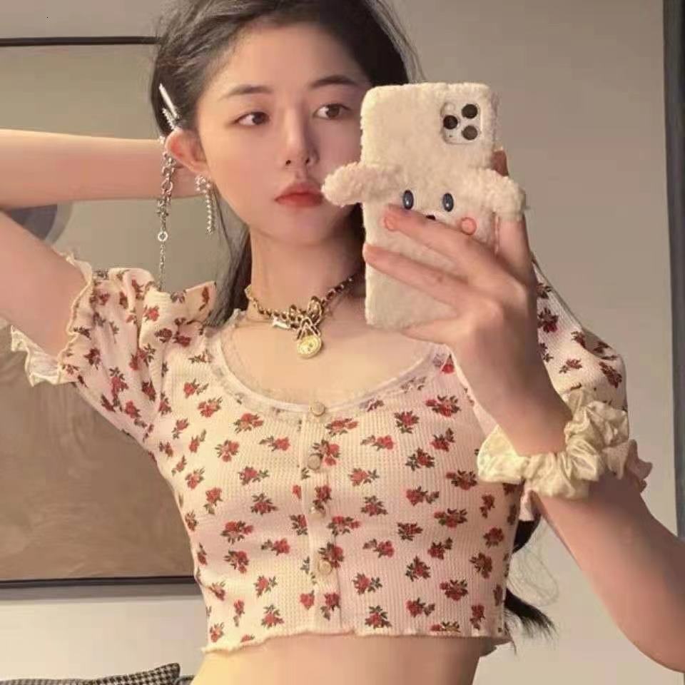 2025S Designer Women S T Shirt Summer American Style Floral Waffle Checkered Short T Shirt For Women S Collar Bubble Sleeves Exposed Belly Button Top 
