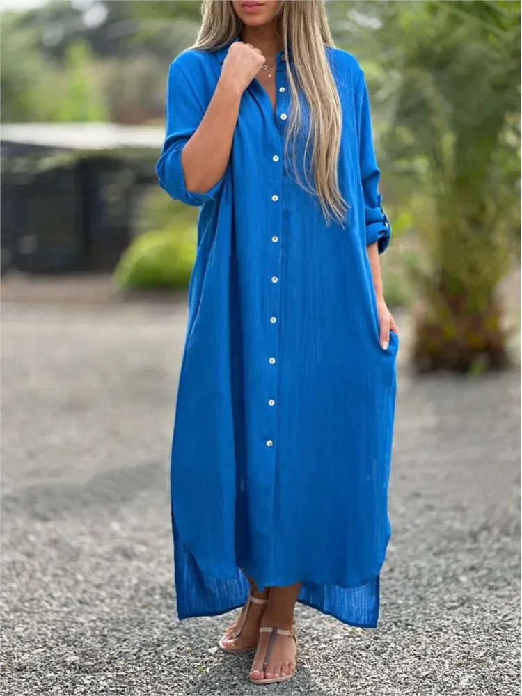Autumn womens dress cotton linen shirt long leather fashionable single chest casual sleeved cardigan 250409