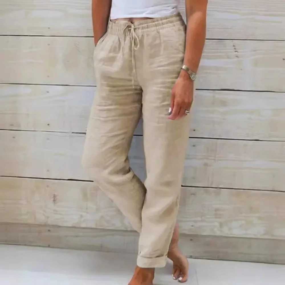 Womens summer and autumn breathable cotton linen fashion pants with elastic waist straight legs solid color Fe casual bag TrouserXJ250403