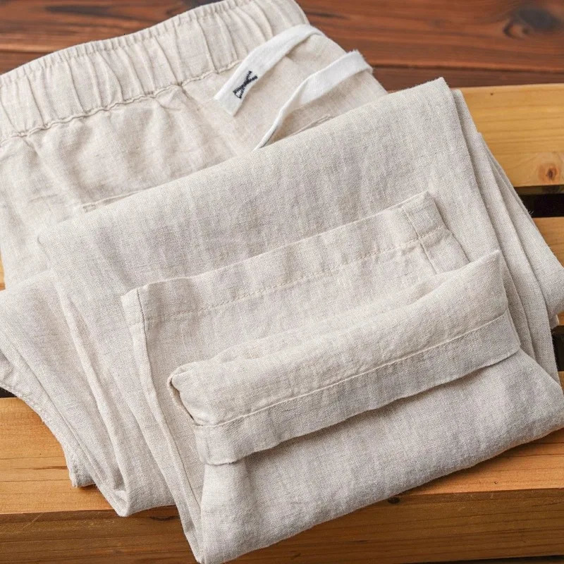 Mens Linen Pants Solid Color Breathable Lightweight Streetwear Drawstring Cool Absorb Sweat Loose Beach Casual Ninth Pants 250408