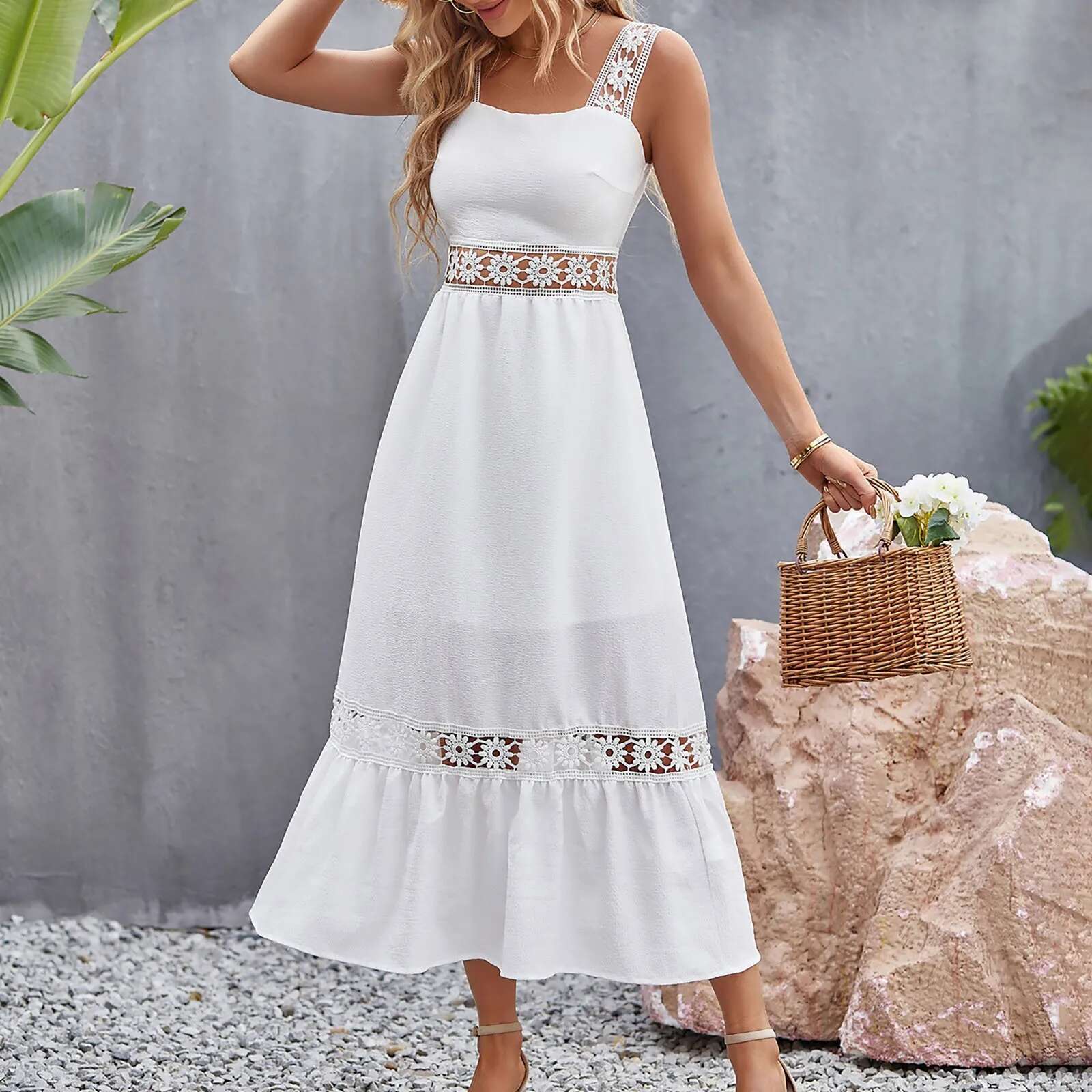 Dongdumaoyi White Long Dress Women Summer Sexy Sleeveless Backless Maxi Dresses Ladies Elegant Hollow Out Lace Boho Sundress