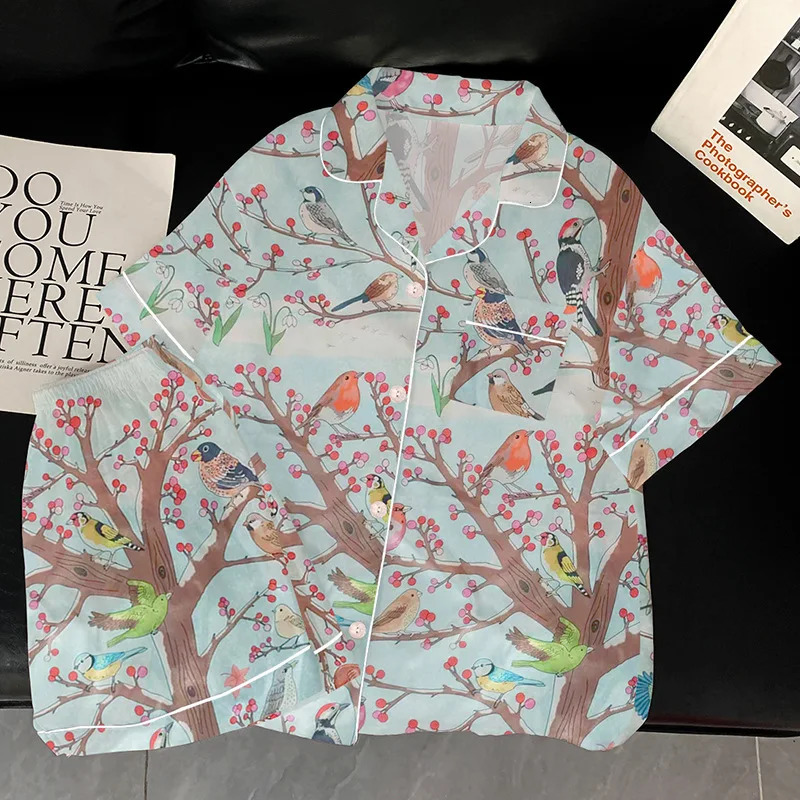 Niche Light y Ice Silk Pajamas Womens Summer Rural Bird Pattern Short Sleeve Set 250409