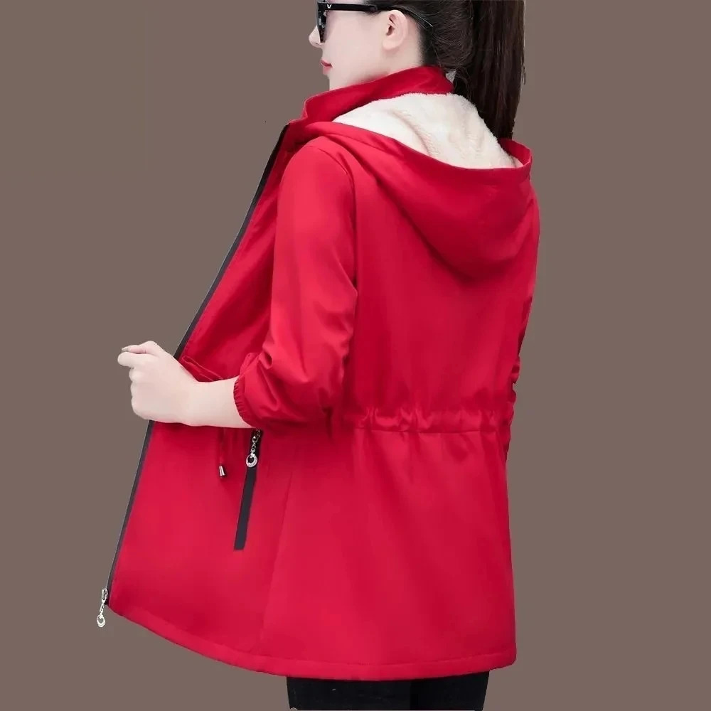 Autumn Winter Jacket Womens Windproof Velvet Warm Medium Length Hooded Trench Coat Korean Top High Quality 5XL 250409