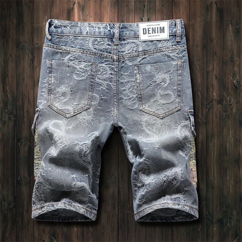 Chinese style dragon pattern printed jeans street mens multi pocket work denim shorts Y2k bear patchwork five point pants 250409