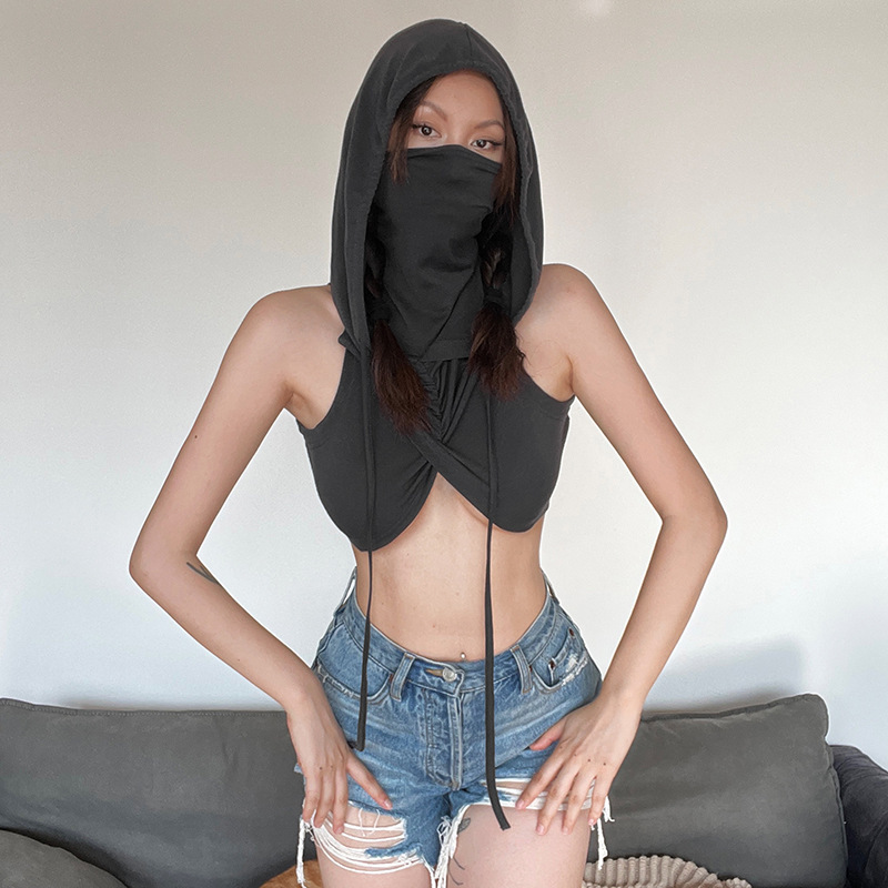 Womens Tanks Summer Travel Cool Sexy Simple All-Match Grey Mysterious Fashion Personality High Cross Street Casual Women Hooded Vest