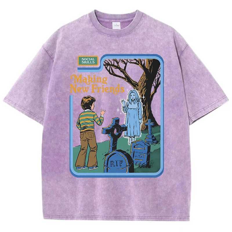Social skills making new friends washing vintage mens T-shirts hip-hop breathable tops casual T-shirts oversized cotton T-shirtsXJ250409