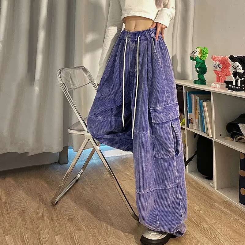 Women's Wear Women American Retro Original Corduroy Cargo Pants Loose Fit Wide Leg Or Length Straight Trousers With Thickened Washed And