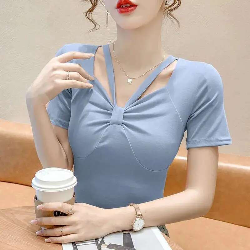 Summer Women Clothes Fashion Casual Simplicity Solid Color Short Sleeve T-Shirt Women's Slim All-match Temperament V-neckTops