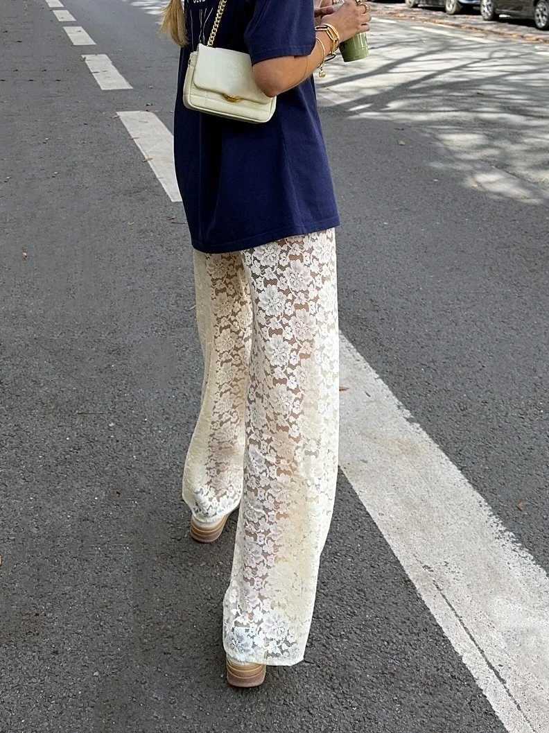 Womens wide leg pants casual loose transparent lace high waisted workwearXJ250403