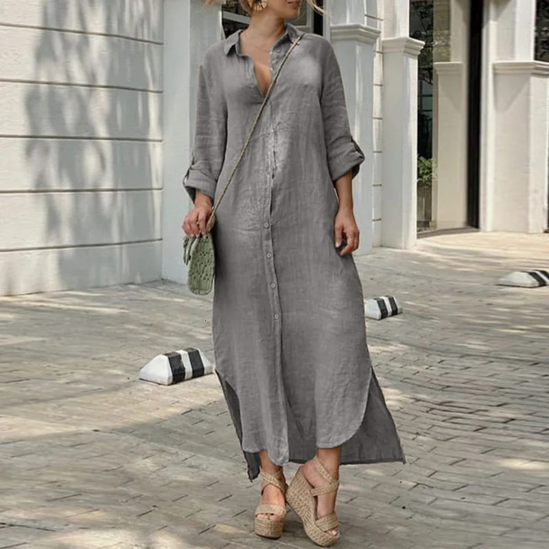 Summer Womens Long Skirt Collection Solid Color Retro Cotton Linen Shirt Collar Button 250409