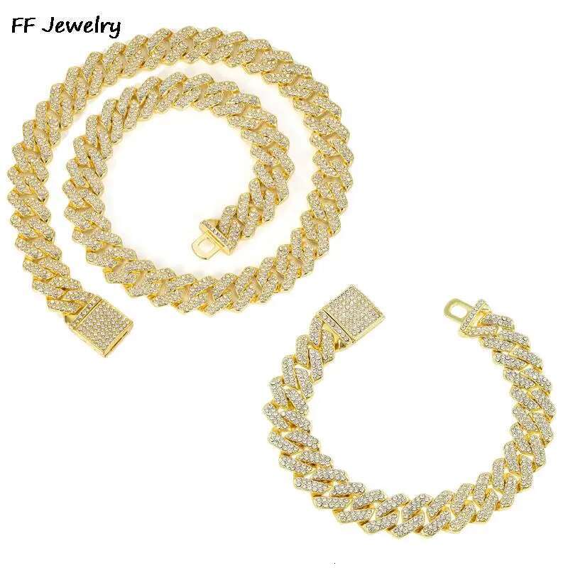12mm set of Men Women Hip Hop Iced Out Bling Prong Cuban Chain Necklace Paved Rhinestone Link Chain Choker Necklace Men Jewelry