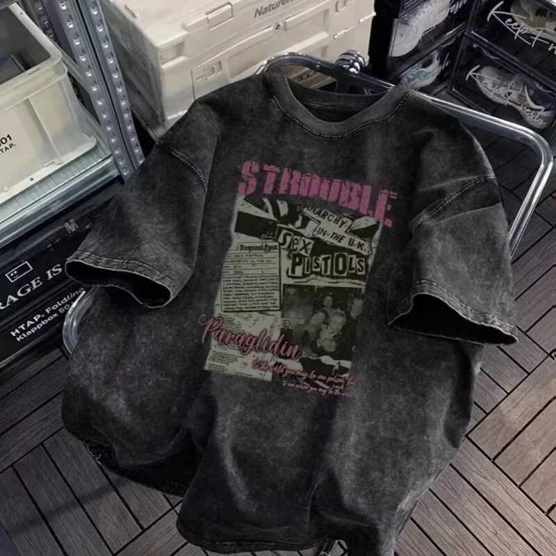 Wash vintage American mens and womens summer T-shirts cotton crew collar breathable and comfortable top suitable for daily wearXJ250409