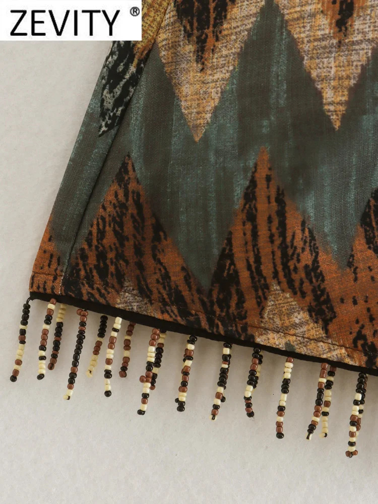 Zevity Women Vintage Geometric Print Knotted Mini Sarong Skirt Faldas Mujer Female Beading Tassel Casual Zipper Vestidos QUN1436 250408