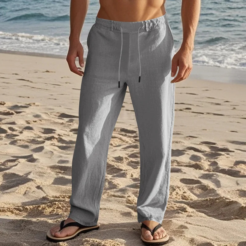 2024 Mens Trousers Spring and Autumn Drawstring Simple Fashion Solid Color Daily Casual Cotton Linen Straight Trousers 250408