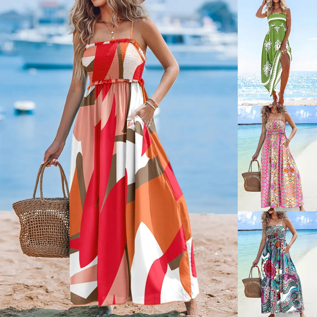 Summer Womens Strapless Long Skirt Sexy and Fashionable Off Shoulder Printed Pendant High Waist Elegant Beach Vacation Dress 250409