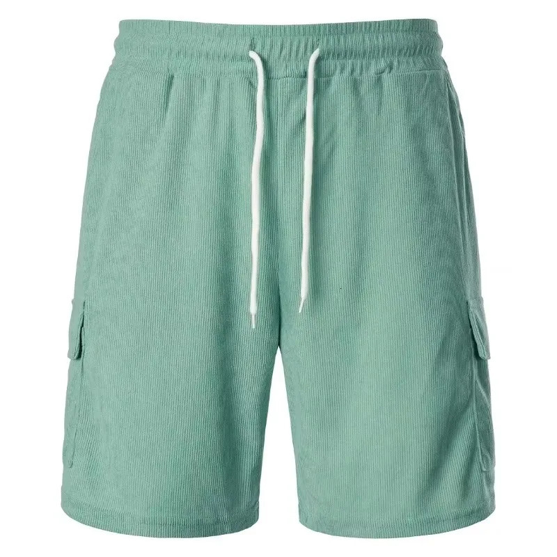 Mens Drawstring Waist Casual Shorts Summer Straight Leg Beach Shorts with Pockets Breathable Corduroy Pants Streetwear 250407