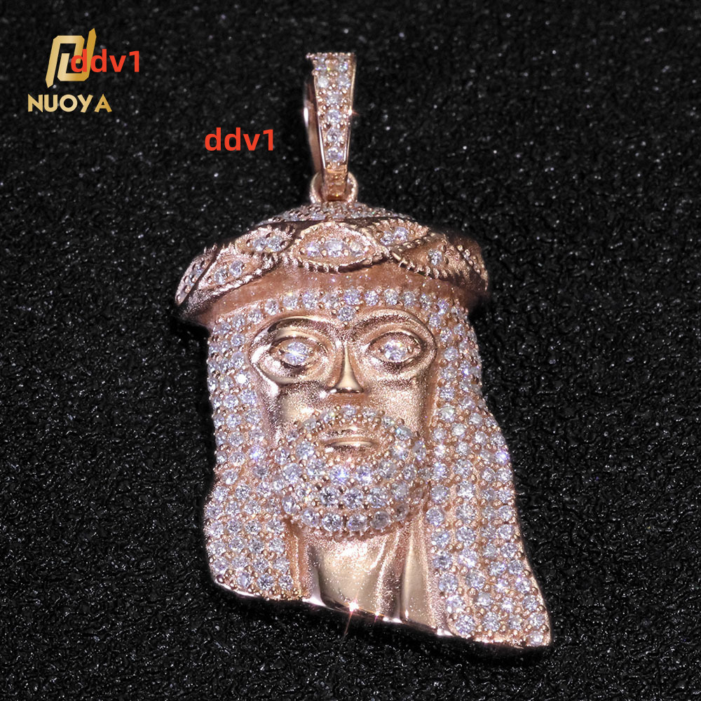 NUOYA Womens Hip Hop Jesus Head Pendant Rose Gold Plated 925 Sterling Silver Iced Out VVS Moissanite Jewelry Pass Diamond Test
