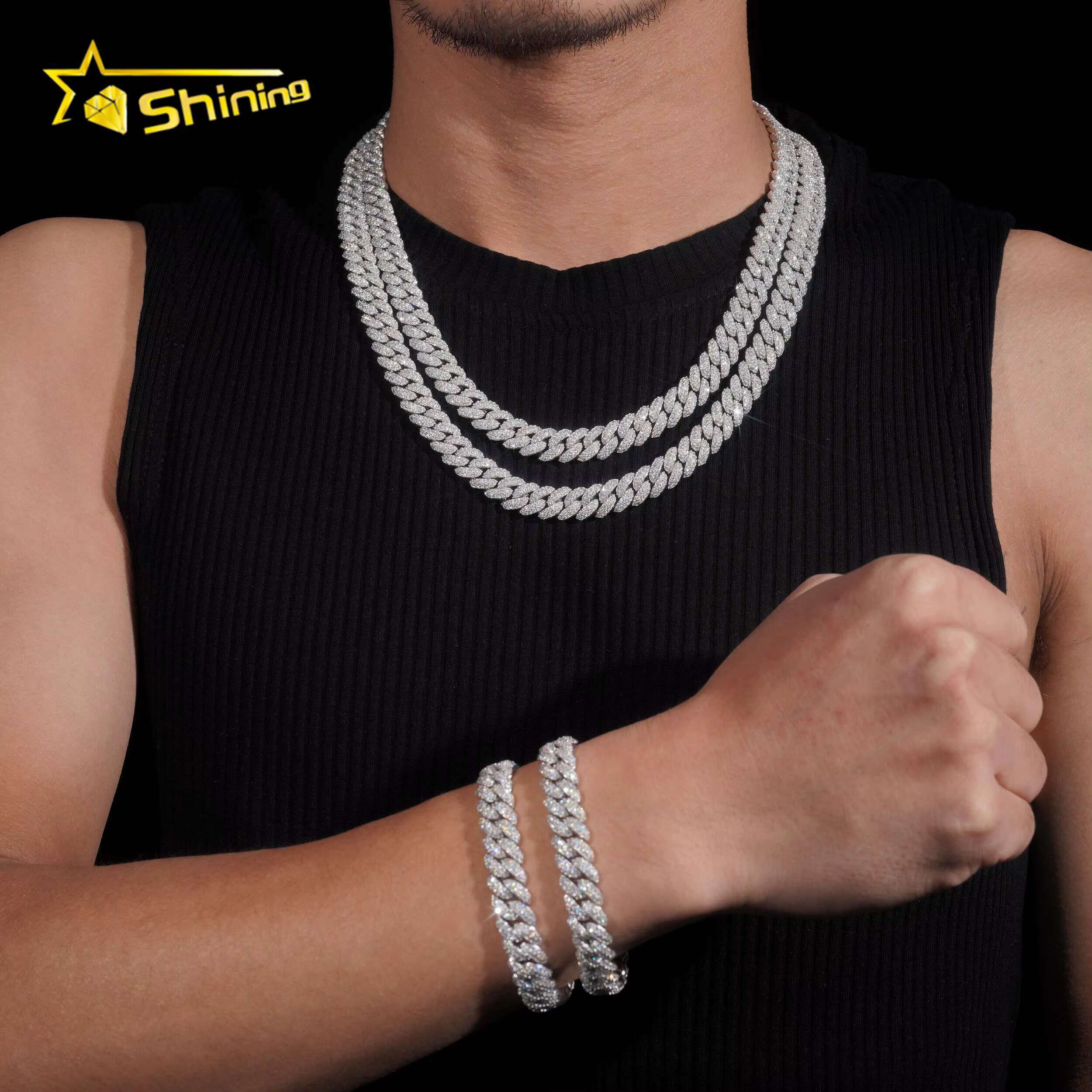 New Stocks Hip Hop Jewelry 925 Silver Gold Plated 10MM Iced Out Necklace VVS D Color Moissanie Cuban Link Chain Fashion Necklace