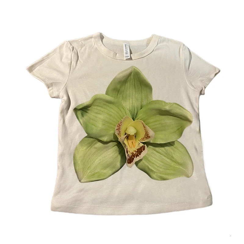 Streetwear Womens Summer Slim Crop Tops Floral Print Pattern Cap Sleeve Round Neck Show Navel Cropped Tops Female Mini Baby Tee 250409