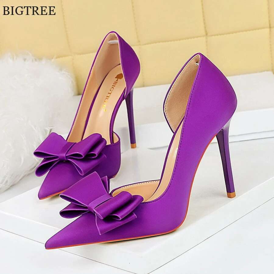 BIGTREE Fashion Party Female Pumps Wedding Purple Pink Solid Silk Elegant Women's Heels Shallow Side Hollow Butterfly-Knot Shoes