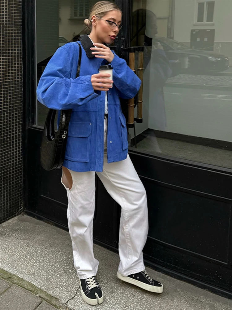 Womens oversized spliced work jacket with full collar single chest pocket womens springsummer street 250409