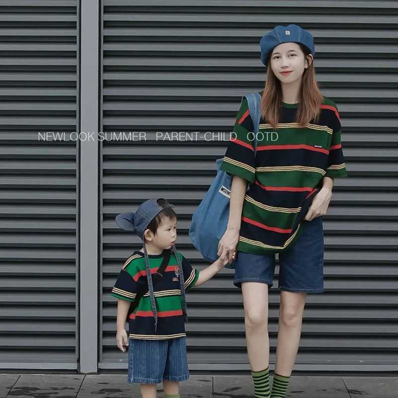 Striped summer short sleeved explosive street mom womens clothing Western style T-shirt for parents and childrens suit S2548