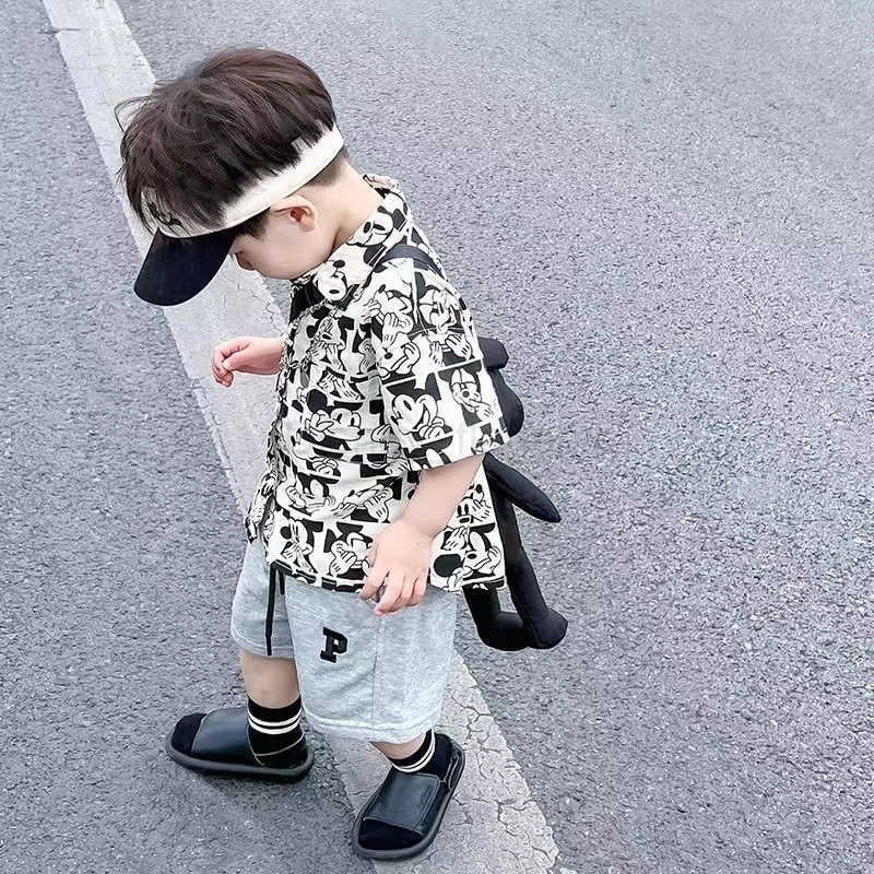 Disney 2024 Childrens Set New Summer Explosion Street Handsome Boys Cool Full Print Cartoon Short Sleeve Shirt Casual Set TrendyXJ250409