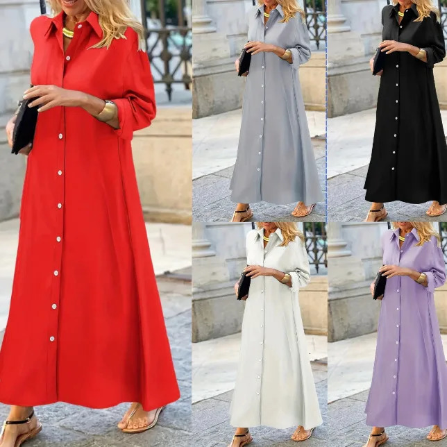 Womens solid color Muslim dress plus size long sleeved prayer cotton linen lapel womens skirt 250409