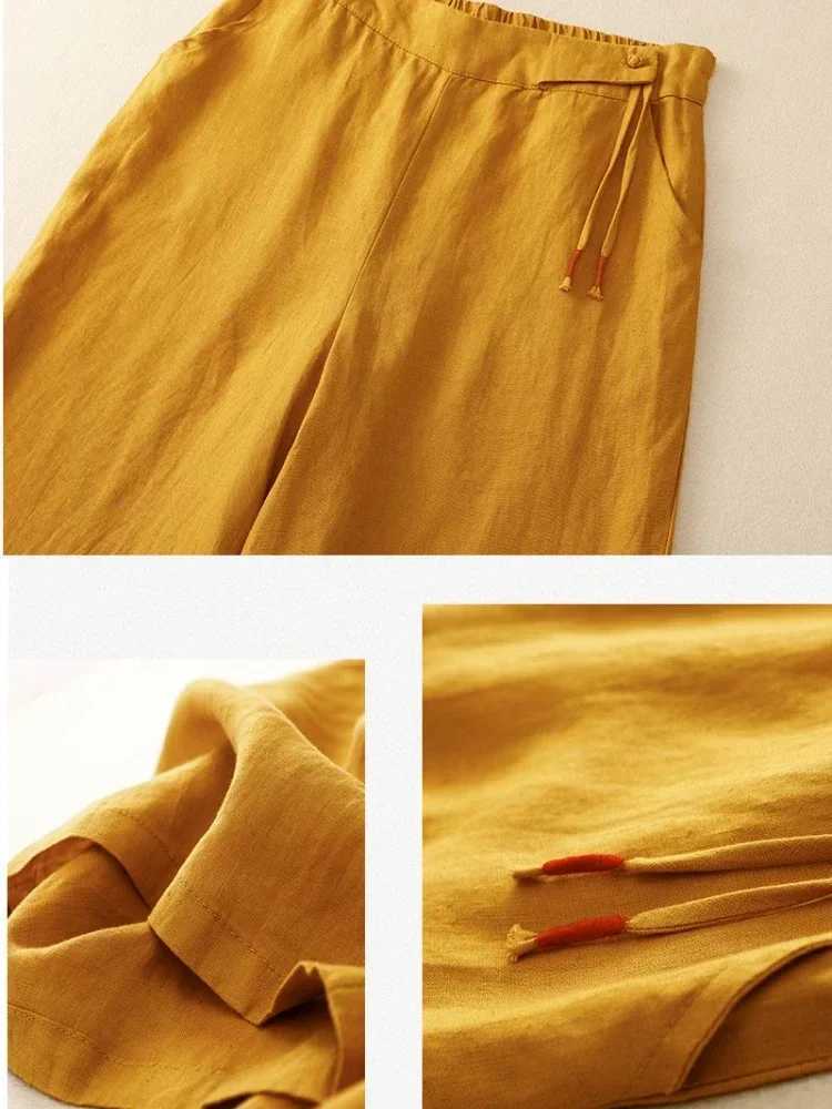 Retro Art Summer Wide Leg Pants Womens Elastic High Waist Cotton and Linen Casual Pants Loose Straight Yellow Womens PantsXJ250403
