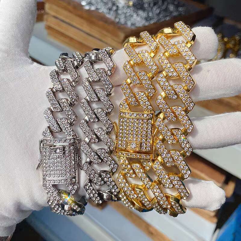 Hip Hop 20MM Bling Iced Out Cuban Link Chain Necklace Set Full Diamond Bling Choker Jewelry