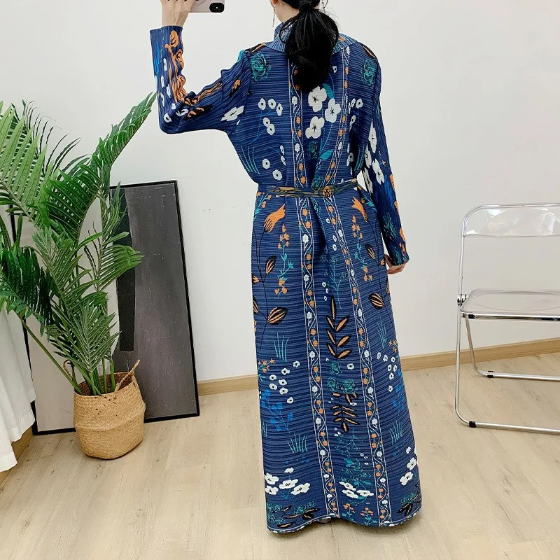Abaya Mosong Fashion Miyake Pleated Spring and Autumn Long Sleeve Scarf Collar Print Over A Robe 250409
