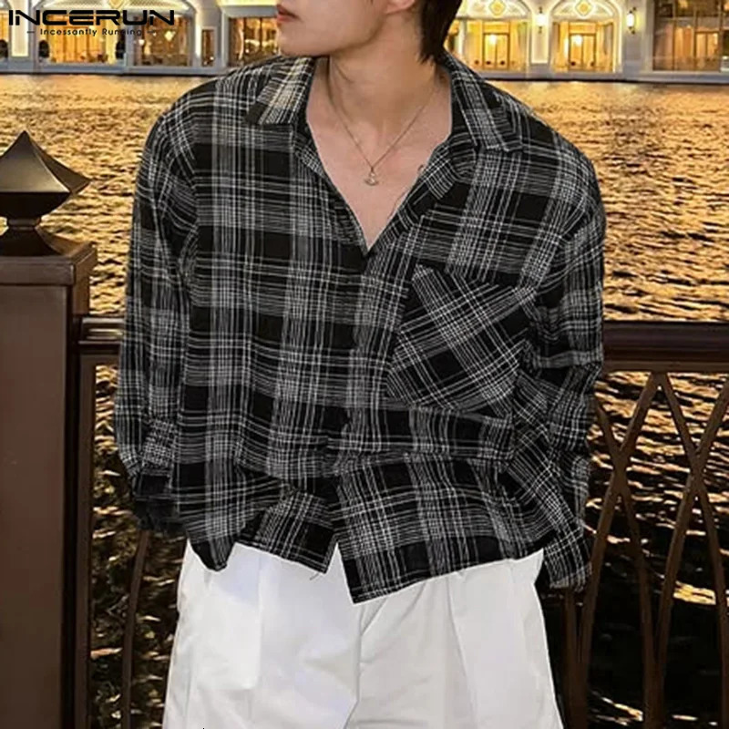 Spring and summer mens long sleeved fashionable plain shirt with collar INCERUN casual top mens clothing street wear oversized T-shirt 250408